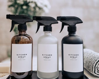 Collection #1 | Glass Spray Bottle | Refillable Bottle With Clean Minimalist Waterproof Label | Kitchen & Bathroom Cleaning
