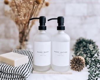 Collection #1 | Frosted Glass Dispenser Bottle - Refillable Soap Dispenser With Metal Pump & Waterproof Label