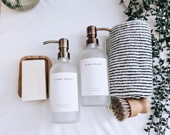 Collection #2  | Frosted Glass Dispenser Bottle - With Minimalist Label | Rust-proof Metal Pump | Refillable Bottles