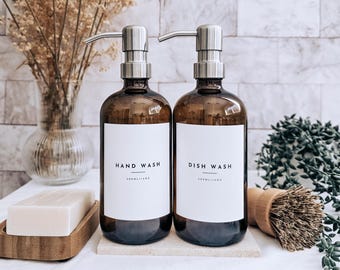 Collection #1 | Amber Glass Bottle - with Stainless Steel rust-proof Metal Pump | Waterproof Label | Reusable Bathroom & Kitchen Bottle