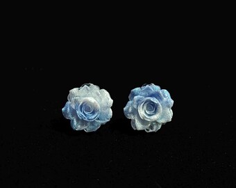 Blue Glitter Rose Earrings, Handmade Floral Studs, Romantic Jewelry Gift