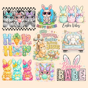 Może przedstawiać: Kolekcja kolorowych grafik o tematyce wielkanocnej, przedstawiających króliki, jajka i elementy kwiatowe. Projekty obejmują króliki w okularach, trzymające jajka oraz teksty takie jak "Happy Easter" i "Bunny Babe".