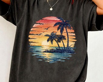 Sonnenuntergang Strand Shirt, Tropische Palme T-Shirt, Sommer Ferien Shirt, Ozean Sonnenuntergang Grafik T-Shirt, Küsten Ästhetik Shirt