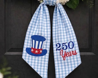 Amerika 250 Kranz Schärpe, Gestickte 250 Jahre Vaterländische Tür Schleife, 4. Juli Dekor, Uncle Sam Hut Dekoration, Rot Weiß Blau
