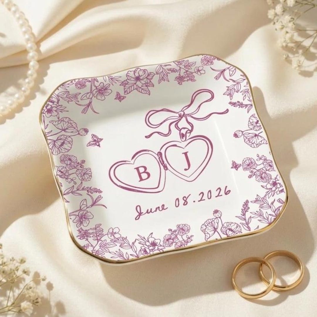 Personalized Ring Dish, Custom Name & Date Jewelry Plate, Blue Toile ...