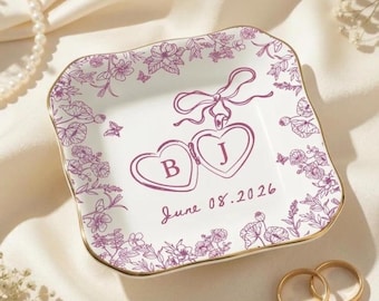 Personalisierte Ring Schale, Name & Datum Schmuck Platte, Blau Toile Brautgeschenk, Goldrand Trinket Tablett, Einzigartige Hochzeit Andenken