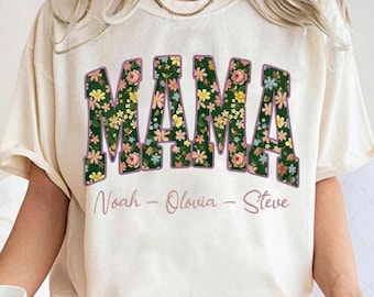 Mama Shirt mit Blumenmuster, personalisiertes Mama Shirt mit Kindernamen, individuelles Muttertagsgeschenk für Mama, trendiges Mama Grafik T-Shirt (130)