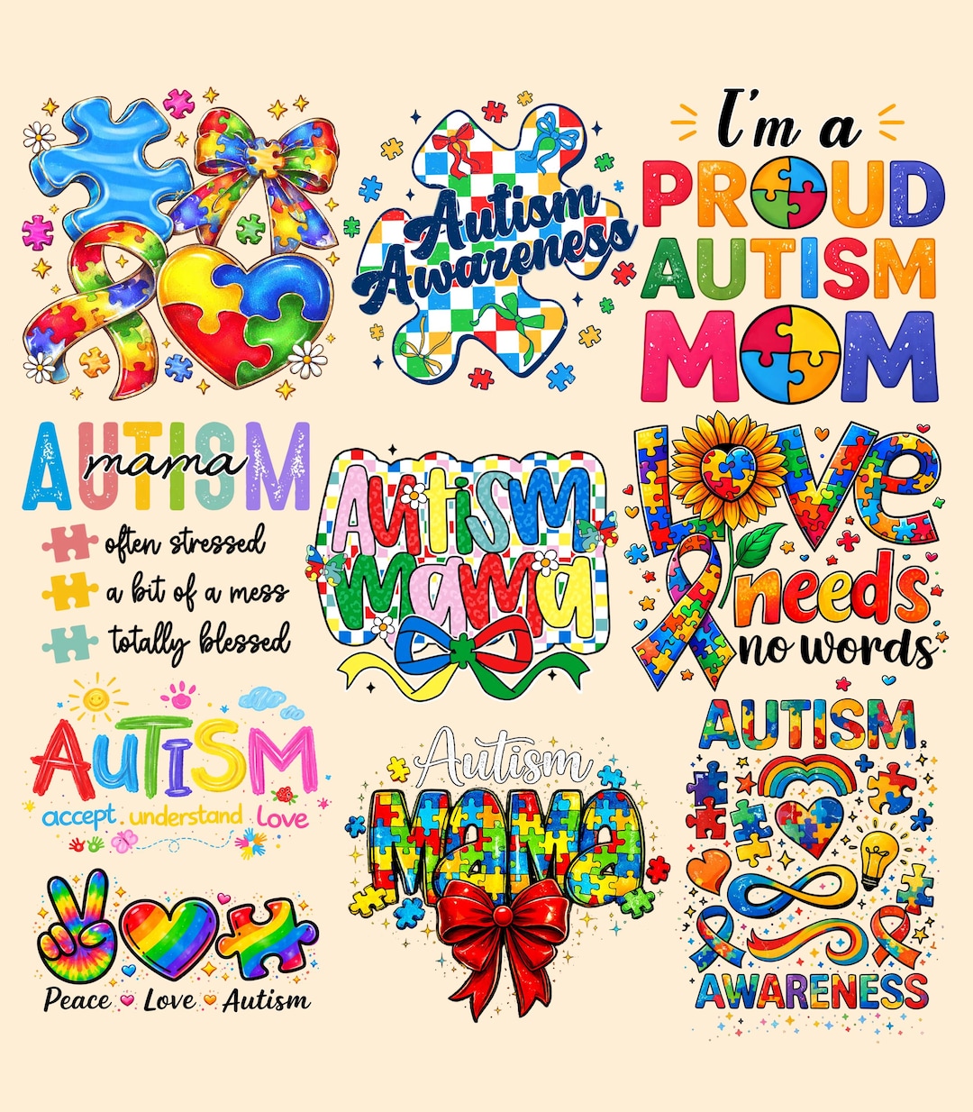 Autism Awareness PNG Bundle, Puzzle Ribbon Mom Quotes, Proud Autism Mom ...