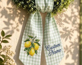 Personalisierte Zitronen-Kranz-Schärpe, gestickte Chinoiserie-Türschleife, Sommer-Zitrus-Wohnkultur, kundenspezifisches Monogramm-Haustürband