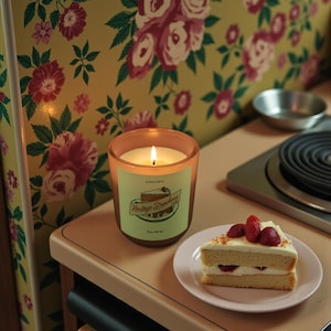 May include: A lit candle in a glass jar with a label that reads "Heritage Strawberry" sits next to a slice of cake topped with strawberries. The candle and cake are on a pink countertop with a floral wallpaper background.