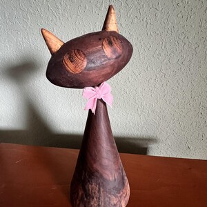 Hand-Turned Black Walnut Cat | Tilted Head, Osage Orange Eyes & Hickory Ears