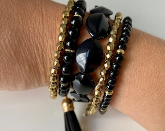 Black and Gold Stretch Bangle Bracelets