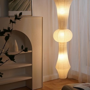 Akari Style Wide Paper Lantern Pendant Light – Japandi Plug-in Hanging Lamp, Plug-in 49" (3-Light) - Corner ambient lamp