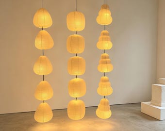 5-Light Vertical Paper Lantern Chandelier, ORGEL Inspired Hanging Light, Minimalist Japandi Ceiling Fixture, Foyer Staircase Living Room