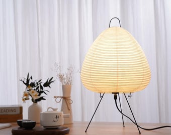 Elliptical Water Droplet Shaped LED Table Lamp – Handmade Japanese Rice Paper Lantern, Modern Tripod Design