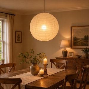 May include: A spherical paper pendant light fixture with a ribbed texture, emitting a warm, soft glow. The lamp hangs from a thin cord, illuminating a dining room space with a round, white, translucent shade that diffuses light evenly.