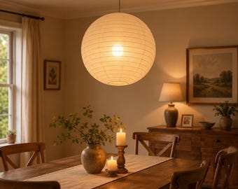 Japanese Style Linen Lantern Lampshade – Scandinavian Minimalist Pendant Light Shade, Wabi Sabi Ceiling Lamp, 20”/50CM