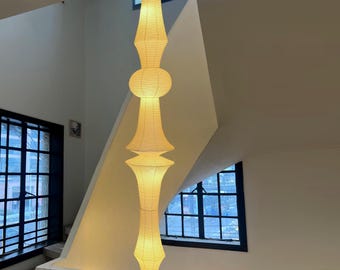 Japanese Akari Inspired Pendant Lamp, Tall Paper Lantern Hanging Light, Noguchi Plug-In, Bedroom, Reading Nook & Corner Decor