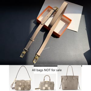 May include: Two beige textured leather bag straps with gold-toned metal swivel clasps and adjustable buckles. The straps are displayed above three different handbags, with text stating All bags NOT for sale and the brand name Tailorstraps.