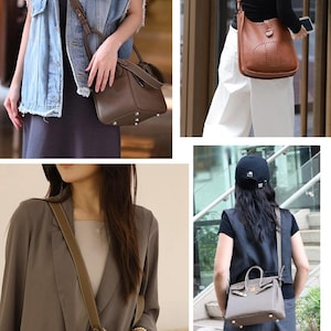 Op de afbeelding: Een collage van vier afbeeldingen met verschillende leren handtassen in verschillende stijlen en kleuren. De tassen zijn bruin, grijs en beige, met schouderbanden en handvatten. De tekst onderaan luidt "All bags NOT for sale."