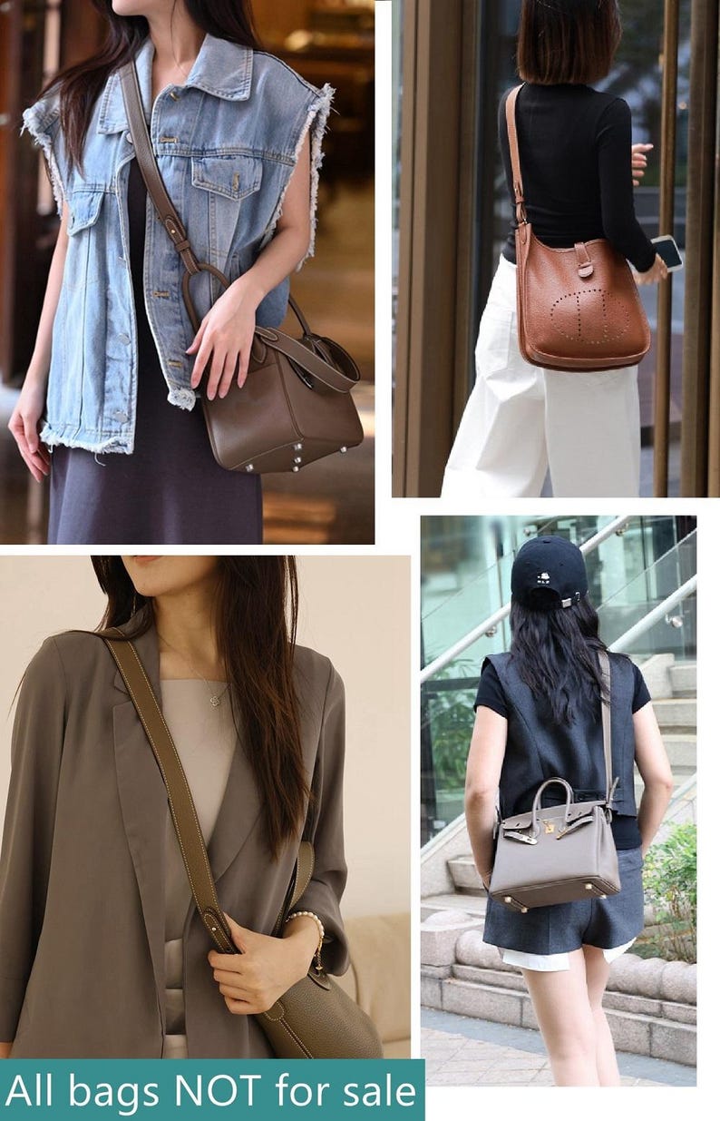 Op de afbeelding: Een collage van vier afbeeldingen met verschillende leren handtassen in verschillende stijlen en kleuren. De tassen zijn bruin, grijs en beige, met schouderbanden en handvatten. De tekst onderaan luidt "All bags NOT for sale."