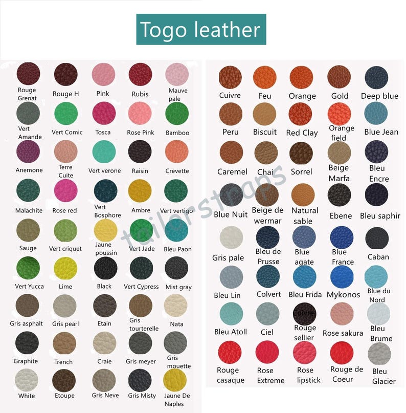 Op de afbeelding: Kleurenkaart met Togo lederstalen. De kaart toont een verscheidenheid aan kleuren, waaronder tinten rood, groen, blauw, bruin en neutrale tinten. Elke kleur is gelabeld met zijn naam, zoals "Rouge Grenat" en "Deep blue". De tekst "Togo leather" staat bovenaan.
