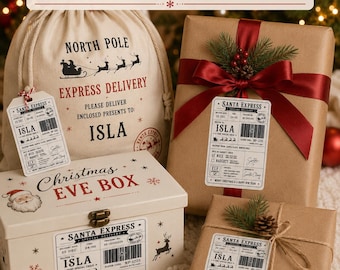 May include: A beige canvas Santa sack, a white metal Christmas Eve box, and two brown paper-wrapped gifts. Each item features a Santa Express shipping label addressed to Isla, with North Pole branding, barcodes, and festive holiday graphics.