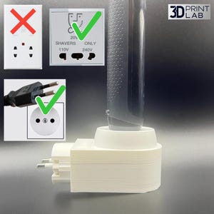 May include: A white 3D-printed adapter with European prongs, designed for shavers, with a shaver and plug compatibility guide. The image includes a shaver and a plug with a green tick, indicating compatibility.