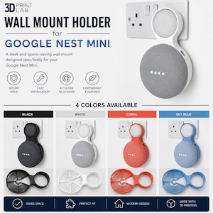 May include: A wall mount holder for Google Nest Mini in black, white, coral, and sky blue. The holder is designed to save space and is made with 3D printing. The image shows the holder mounted on a wall outlet.