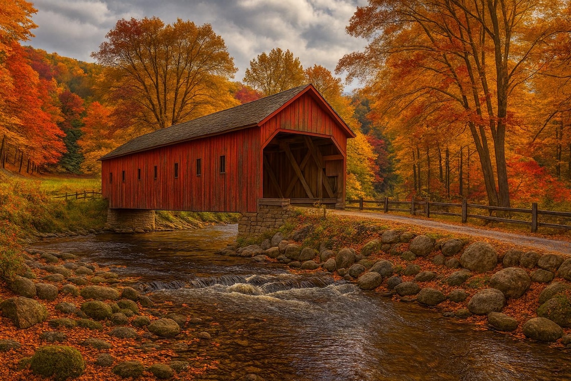 Autumn Covered Bridge Jigsaw Puzzle | New England Fall Foliage Creek ...