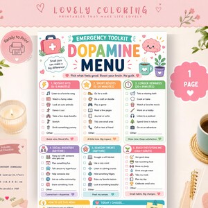 May include: A printable dopamine menu emergency toolkit checklist featuring six categories of activities for mental well-being. The document includes sections for instant hits, short boosts, longer rewards, social boosters, sensory treats, and daily habits.