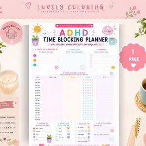 May include: A printable ADHD time blocking planner page featuring a pastel colour scheme with cute illustrations of a sun, cloud, and brain. The layout includes sections for priorities, goals, reminders, a time blocking schedule, and an energy check.