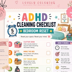 Może przedstawiać: Drukna lista kontrolna sprzątania ADHD do porządkowania sypialni. Dokument zawiera kolorowe ilustracje, ikonę 5-minutowego minutnika oraz ponumerowane kroki dotyczące sprzątania, ścielenia łóżka, odkładania rzeczy i usuwania śmieci.