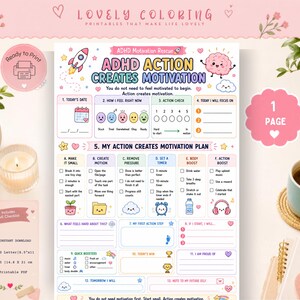 May include: A printable ADHD action plan worksheet featuring a colorful layout with sections for daily goals, mood tracking, and motivation strategies. The document includes text headers like ADHD ACTION CREATES MOTIVATION and various icons including a rocket, a brain, and clouds.