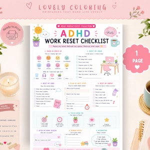 May include: A printable ADHD Work Reset Checklist document featuring pastel colors, cute illustrations of a sun, brain, and desk, and sections for checking in, resetting space, mind, and energy, planning steps, and daily affirmations.