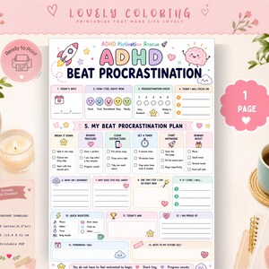 Puede incluir: Una hoja de trabajo imprimible de ADHD motivation rescue titulada ADHD BEAT PROCRASTINATION. El documento presenta secciones en colores pastel para la planificación diaria, el seguimiento del estado de ánimo y la gestión de tareas.