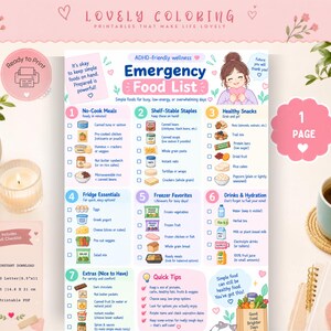 May include: A printable ADHD-friendly wellness emergency food list checklist featuring seven categories of food items, including no-cook meals, shelf-stable staples, healthy snacks, fridge essentials, freezer favorites, drinks, and extras with quick tips.