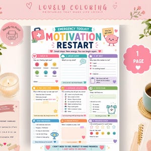 May include: A printable emergency toolkit motivation restart worksheet featuring a colorful layout with sections for check-ins, brain dumps, dopamine boosters, and focus plans. The page includes text, icons, and checkboxes for tracking progress.