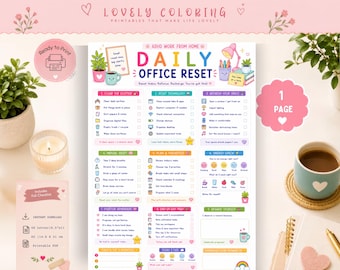 May include: A printable daily office reset checklist for ADHD work from home routines. The document features nine colorful sections with tasks for clearing clutter, resetting technology, refreshing space, mental resets, and planning priorities.