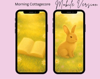 May include: Two iPhone screens displaying "Morning Cottagecore" wallpapers. One shows an open book in a field, the other a rabbit. The text reads "Wallpaper iphone Mobile Version" and "GENTLE AESTHETIC WALLPAPERS FOR CALM MINDS".