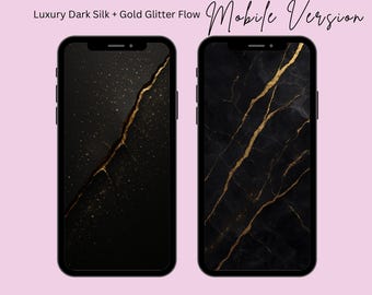 May include: Two black iPhones displaying dark silk and gold glitter flow wallpapers. The text on the image reads "Wallpaper iphone Mobile Version" and "Luxury Dark Silk + Gold Glitter Flow". The bottom of the image reads "GENTLE AESTHETIC WALLPAPERS FOR CALM MINDS".