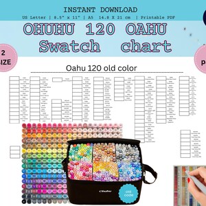 Puede incluir: Un gráfico de muestras OHUHU 120 Oahu imprimible, en tamaño A5 (14,8 x 21 cm). El gráfico muestra muestras de color y una funda de transporte negra llena de rotuladores de colores. El texto en el gráfico dice "OHUHU 120 Oahu Swatch chart".