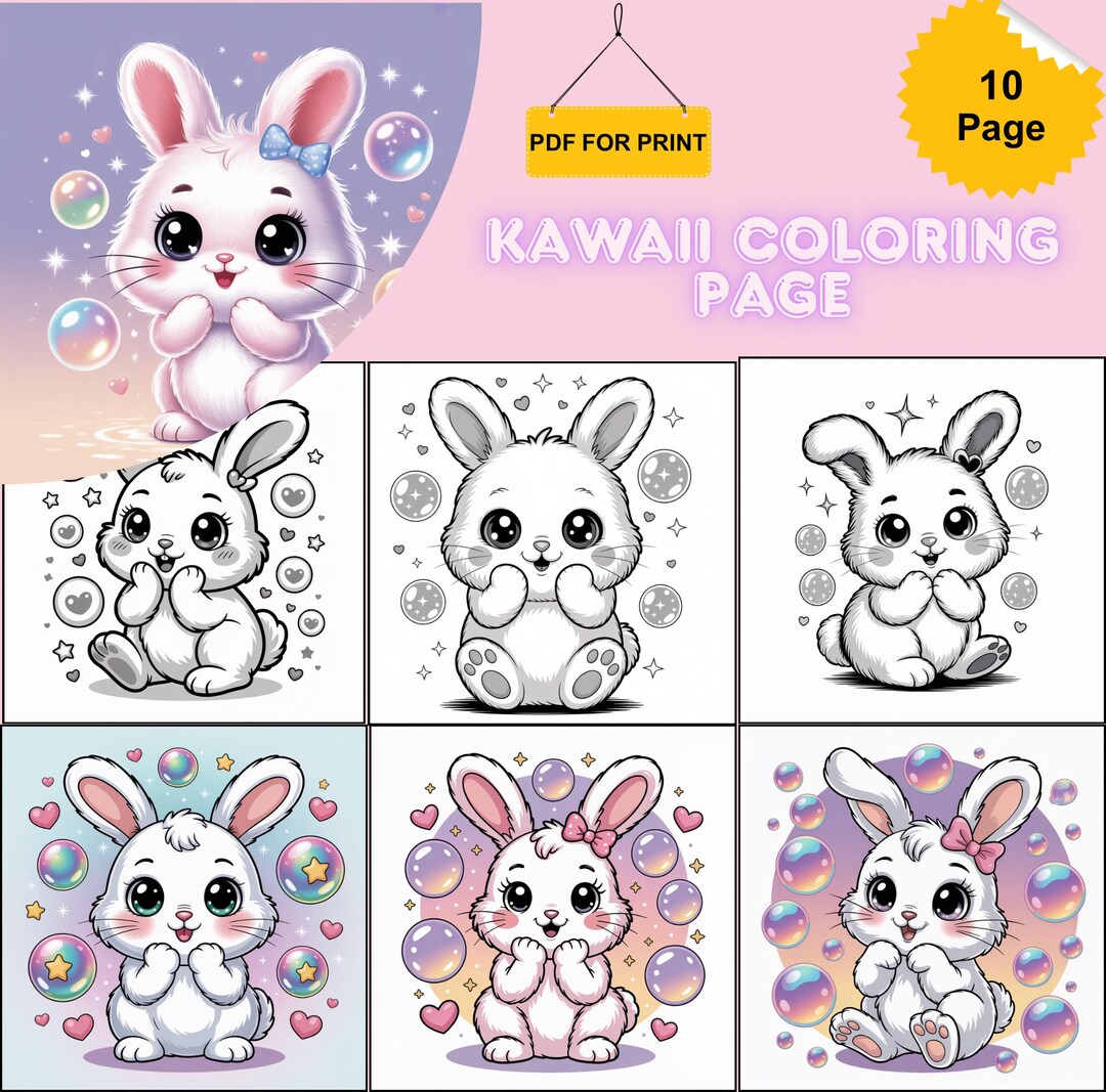 Kawaii Bunny Coloring Pages Printable PDF Cute Coloring - Etsy