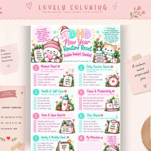 May include: A printable ADHD New Year Routine Reset checklist featuring colorful illustrations of a cat and a dog, with sections for mindset, daily routine, health, productivity, home, and planning. The document includes text in English and is formatted for US Letter 8.5x11 inches.