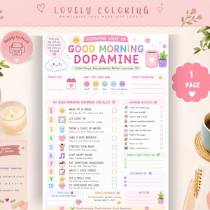 May include: A printable daily planner page titled Good Morning Dopamine with a pastel color palette. It features a checklist of ten morning habits, sections for mood tracking, daily intentions, and dopamine boosters, all decorated with cute icons.
