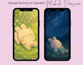 Tapeta na iPhone'a Kawaii Bunny in Garden, przytulne wibracje śpiącego króliczka