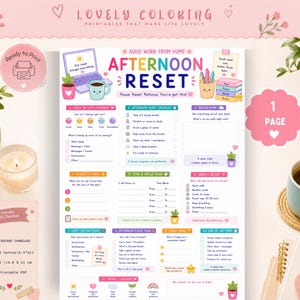May include: A printable ADHD work from home afternoon reset checklist featuring colourful text and illustrations of a laptop, coffee mug, and plants. The document includes sections for checking in, brain dumping, priority planning, and energy boosting.