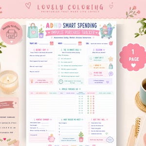 May include: A printable ADHD Smart Spending Impulse Purchase Tracker sheet featuring sections for before buying, the 10-minute rule, decision making, an impulse purchase log, monthly summary, triggers, and next steps, with pastel illustrations.