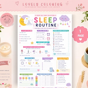 May include: A printable ADHD self-care sleep routine planner sheet featuring pastel illustrations of a moon, clouds, and stars. The document includes sections for sleep goals, an evening checklist, a sleep quality tracker, and bedtime affirmations.