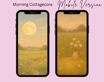 May include: Two black smartphones displaying aesthetic wallpapers. One shows a full moon over a field, the other a vase of flowers in a field. Text reads "Wallpaper iphone Morning Cottagecore Mobile Version" and "GENTLE AESTHETIC WALLPAPERS FOR CALM MINDS".